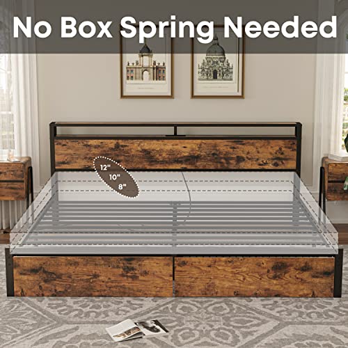 King Bed Frame with Storage Headboard, Platform Bed with Drawers and Charging Station, Vintage Brown Y3483