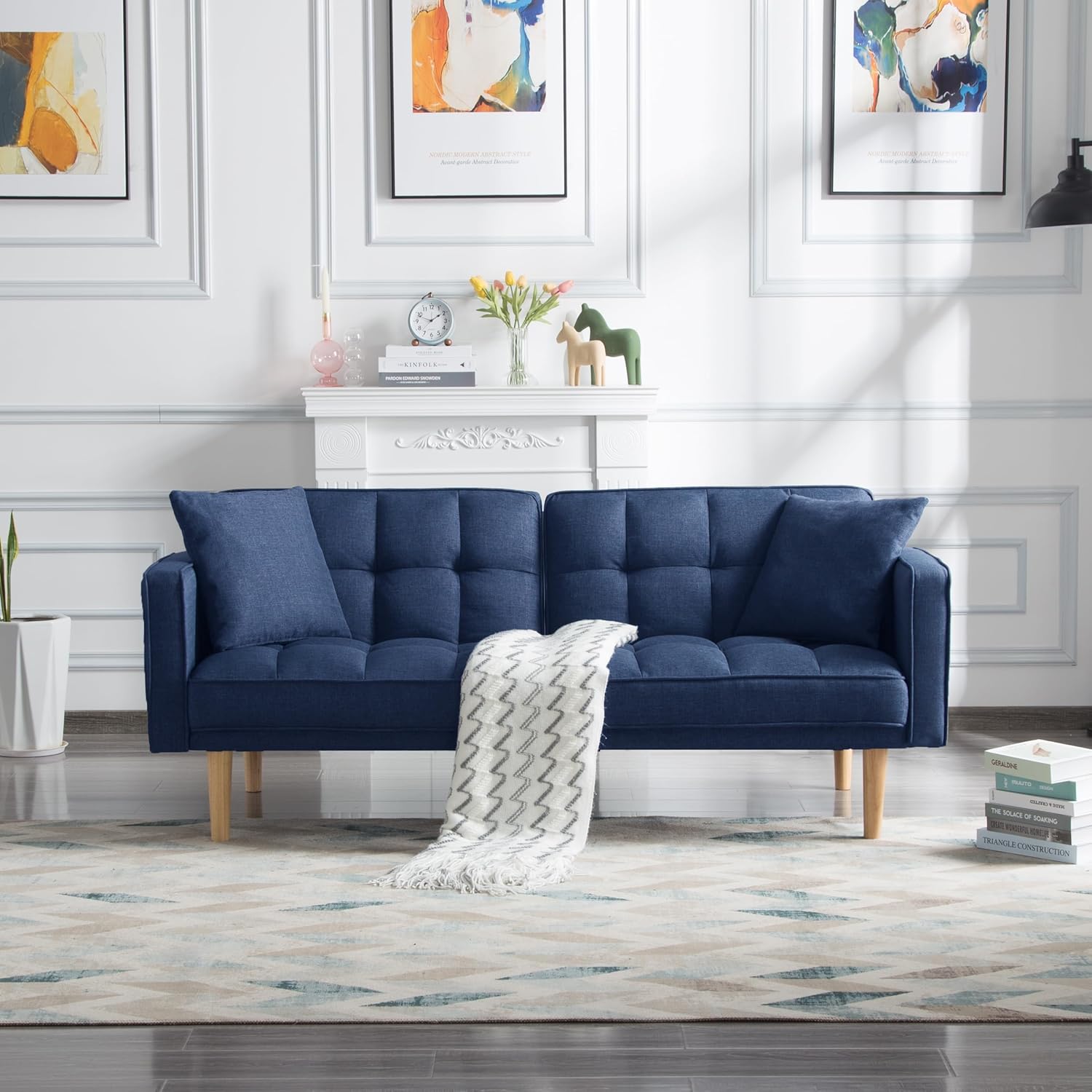 Navy Blue Tufted Fabric Futon Sofa Bed with Wooden Legs and 2 Square Pillows L9040