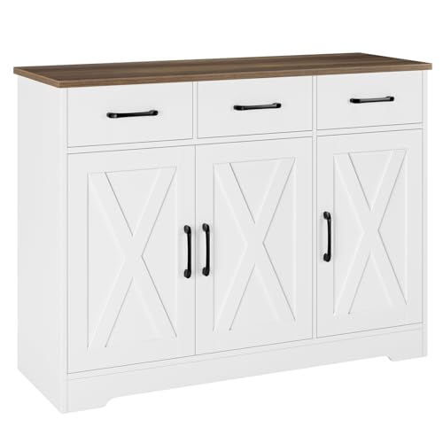 White Wood Sideboard Buffet Cabinet with Drawers and Shelves E7790