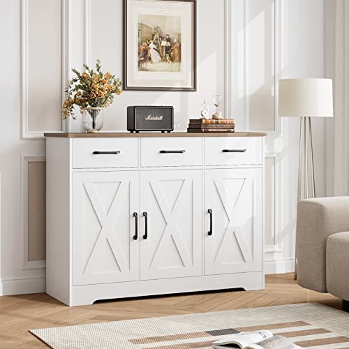 White Wood Sideboard Buffet Cabinet with Drawers and Shelves E7790