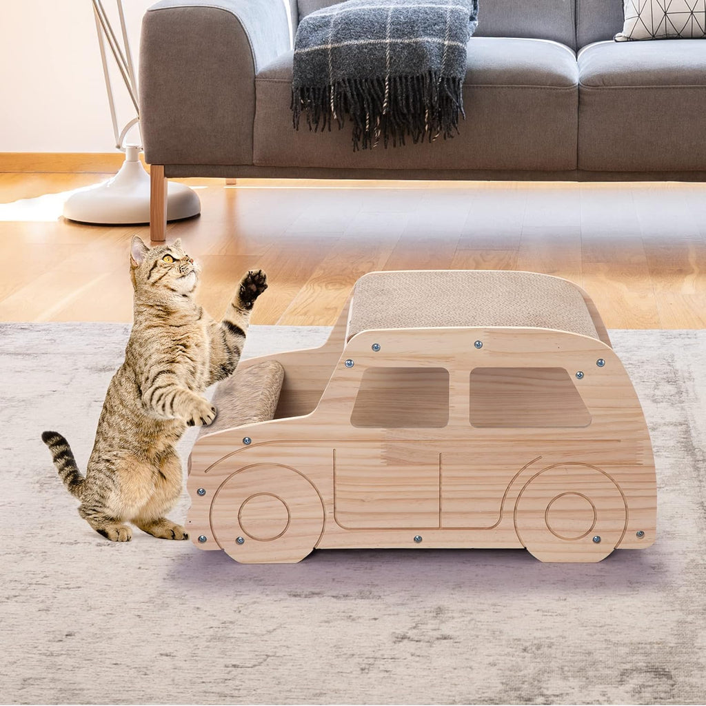 2-in-1 Wood Corrugated Cat Scratcher, Natural Pine Board, Durable Cardboard Y478883