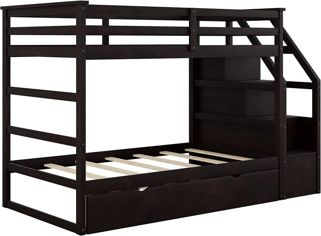 Espresso Wooden Over Bunk Bed with Trundle and 3 Storage Stairs F82653