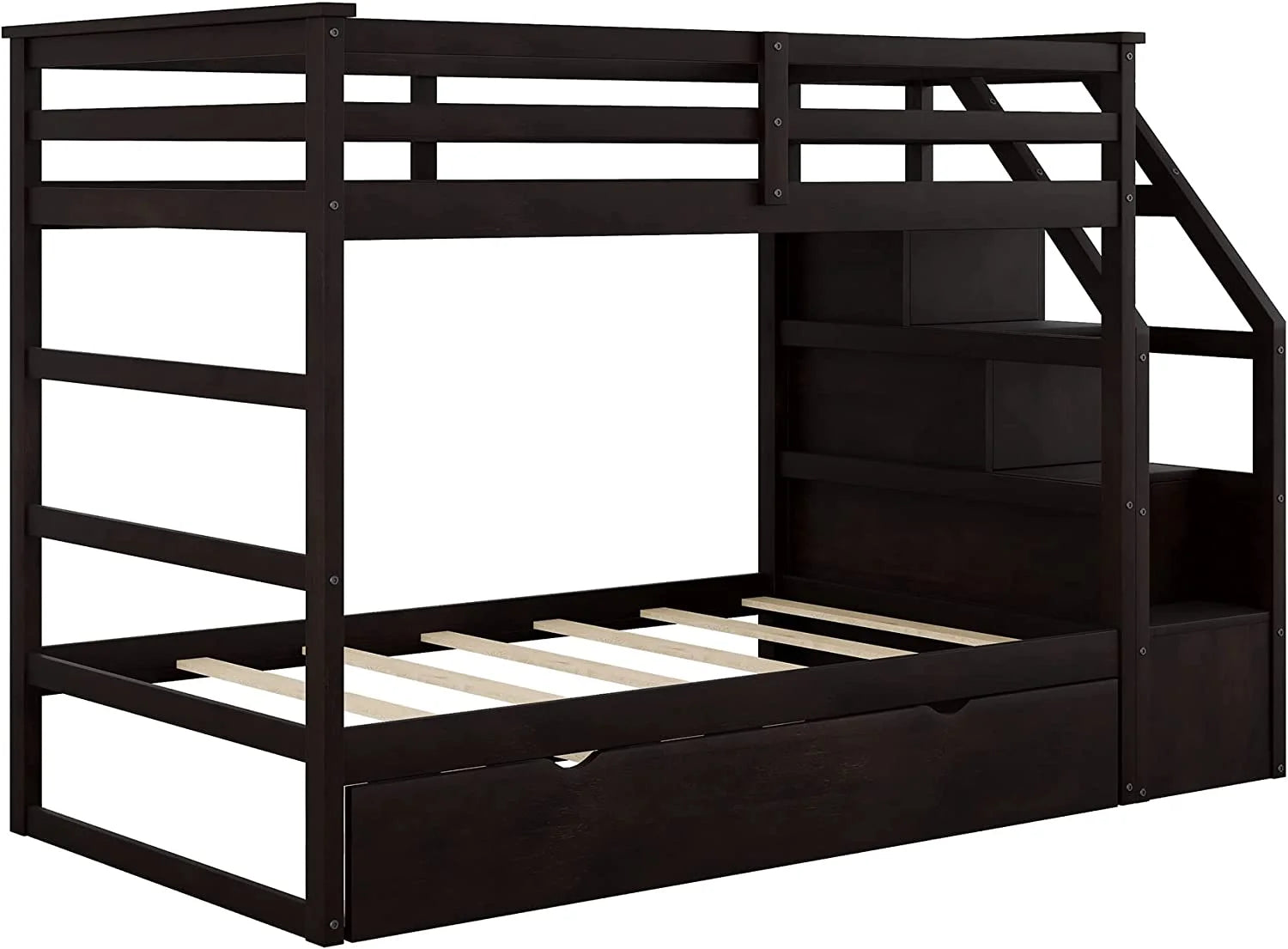 Espresso Wooden Over Bunk Bed with Trundle and 3 Storage Stairs F82653