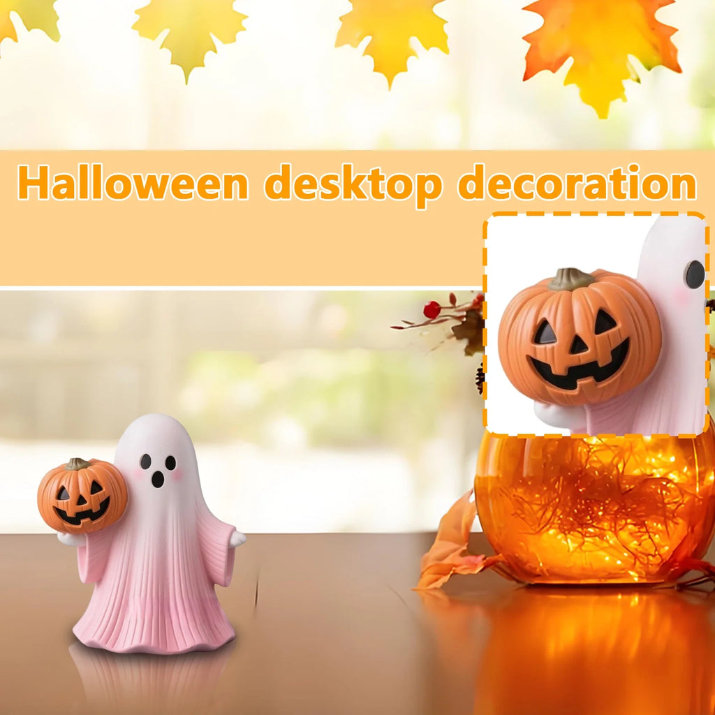 Pink Resin Ghost & Pumpkin Figurine Set Q579725