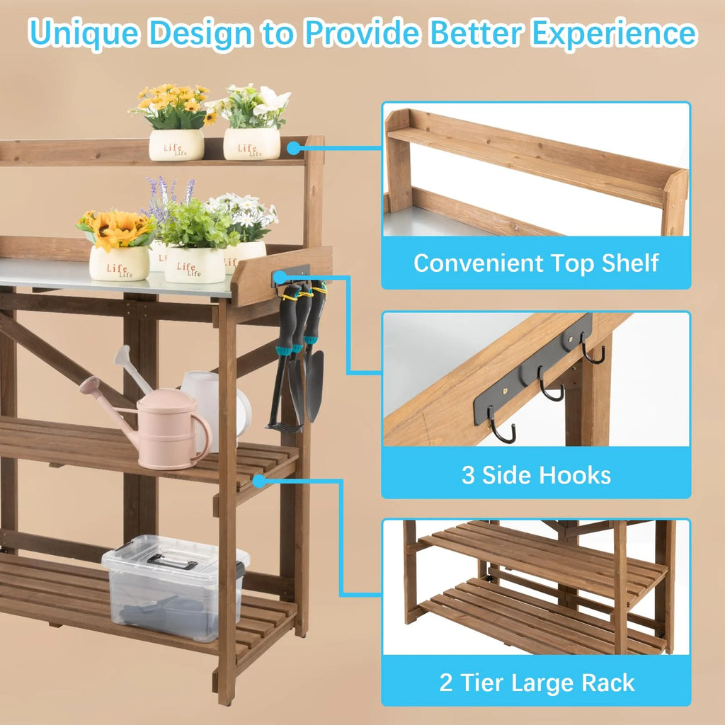 Folding Potting Bench Table with Galvanized Tabletop 2 Tier Storage Shelves X3242