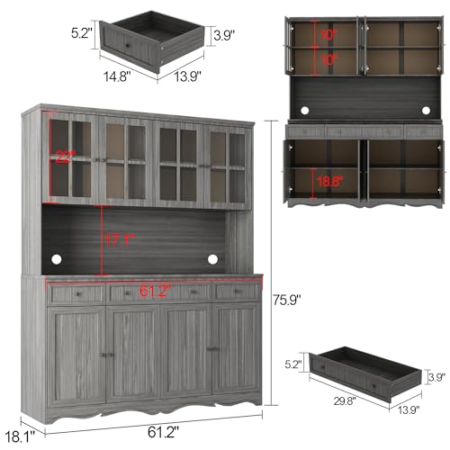 Large Wooden Grey Kitchen Hutch Cabinet with Glass Doors H8705