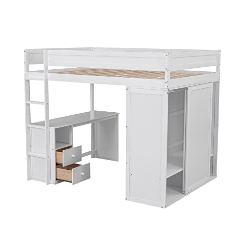 White Wooden Full Size Loft Bed with Storage Wardrobe, Desk, Drawers, Cabinet, and Ladder N275