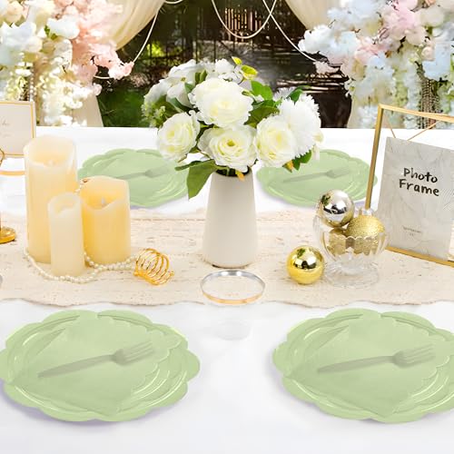 400 Pcs Ivory Paper Plates and Napkins Set Disposable Scalloped Plates Napkins Knives Forks Spoons Cups W24959