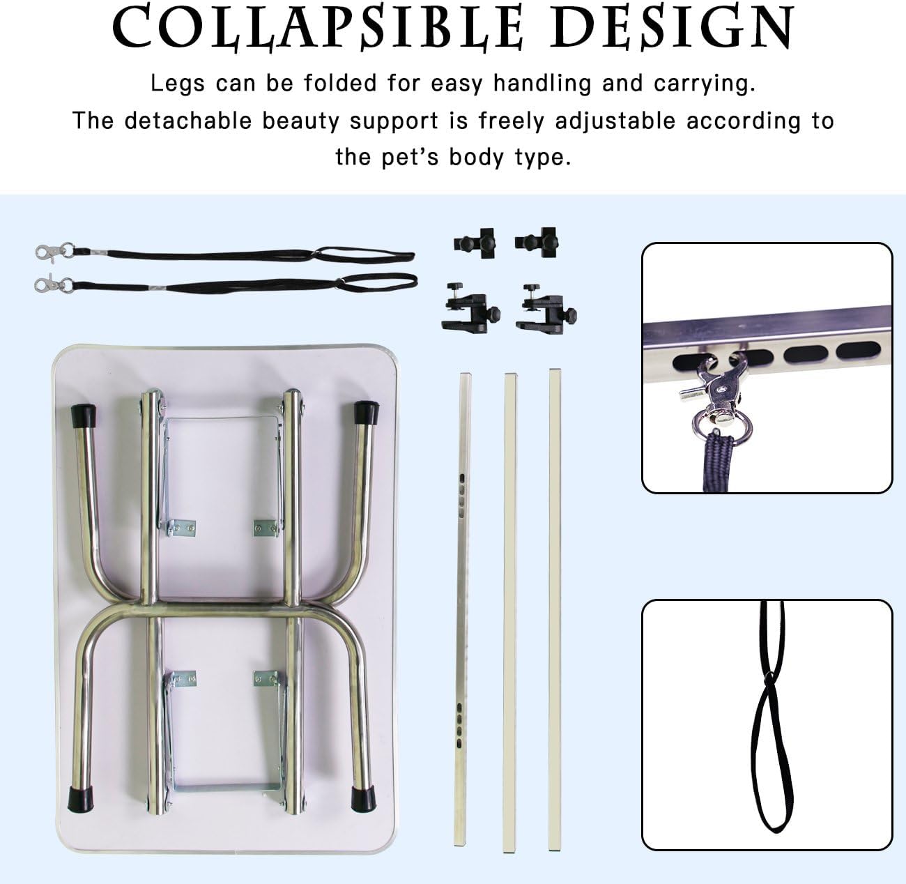 36" Folding Dog Pet Grooming Table with Adjustable Arm and Clamps, Loop Noose Stainless Steel Frame Rubber Mat D992