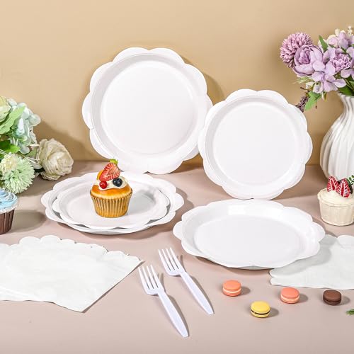 400 Pcs Ivory Paper Plates and Napkins Set Disposable Scalloped Plates Napkins Knives Forks Spoons Cups W24959
