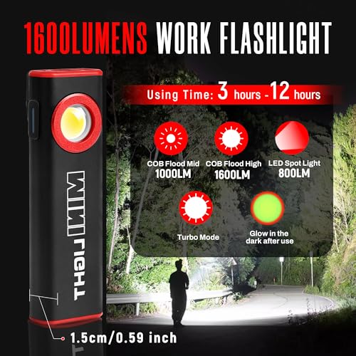 1600 Lumens Mini Magnetic Flat LED Flashlight with Clip, 3 Modes Waterproof Pocket Light (Ruby red) V795