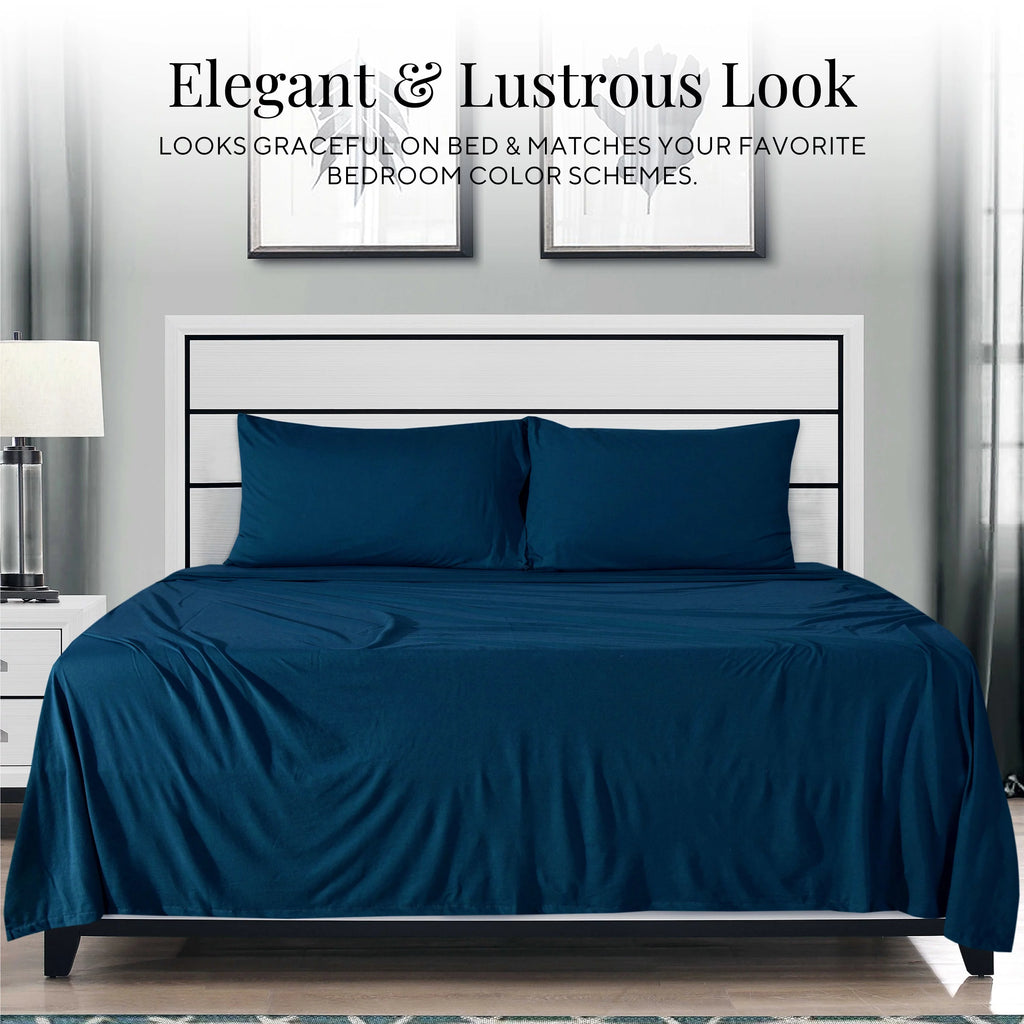 Queen Size 100% Cotton Jersey Sheet Set (4Pc, Navy) I2066