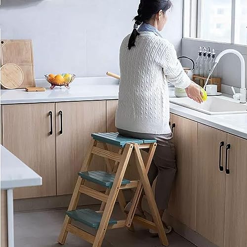Folding 3 Step Solid Wood Ladder with Anti-Slip Wide Pedal X214159