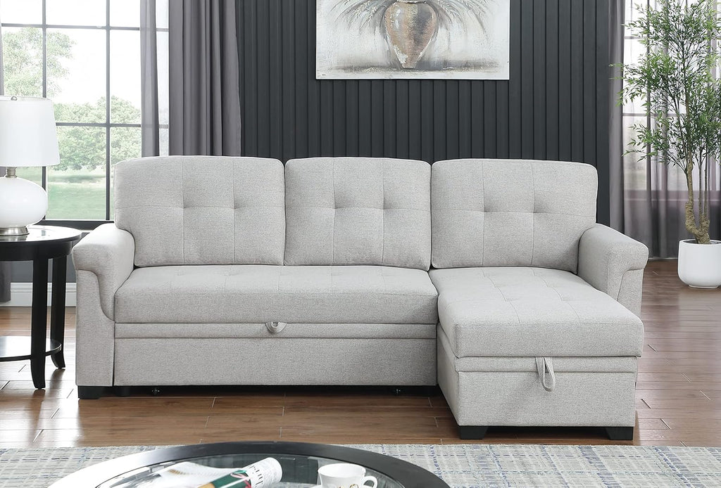 L-Shaped Linen Tufted Reversible Sleeper Sectional Sofa with Pull Out Sleep Couch Bed, Light Gray X8069