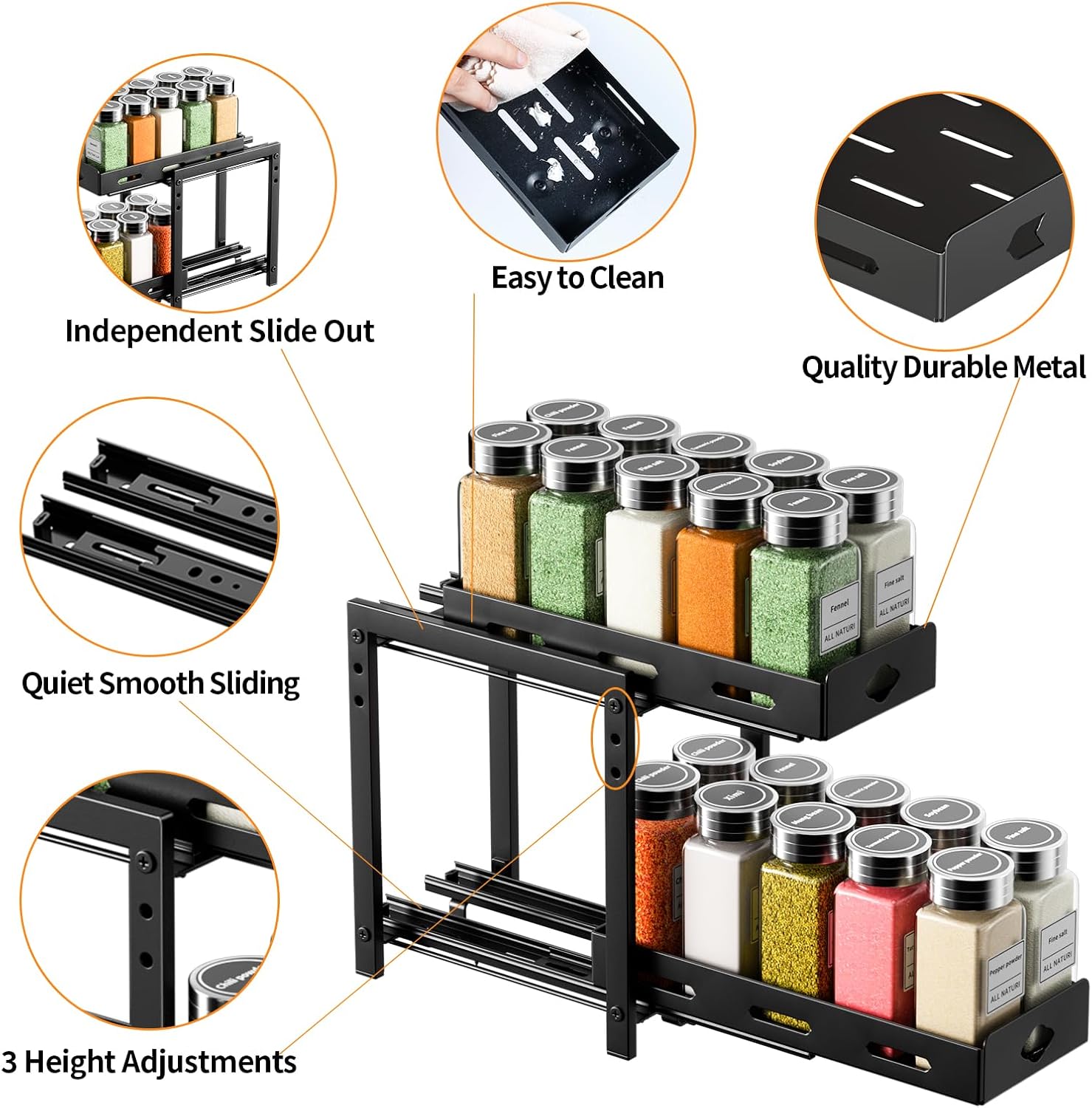 2-Tier Heavy Duty Slide Out Spice Rack, Black X5414