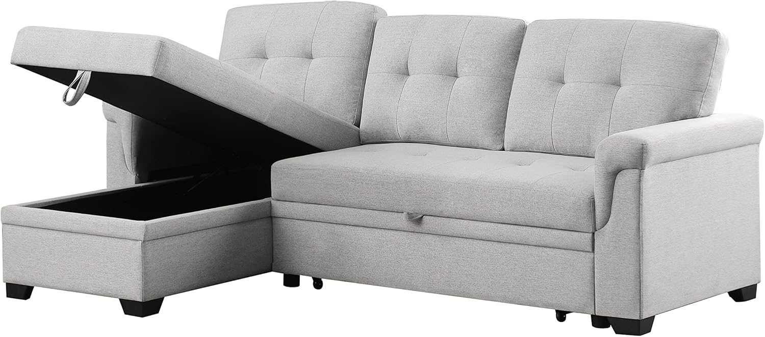L-Shaped Linen Tufted Reversible Sleeper Sectional Sofa with Pull Out Sleep Couch Bed, Light Gray X8069