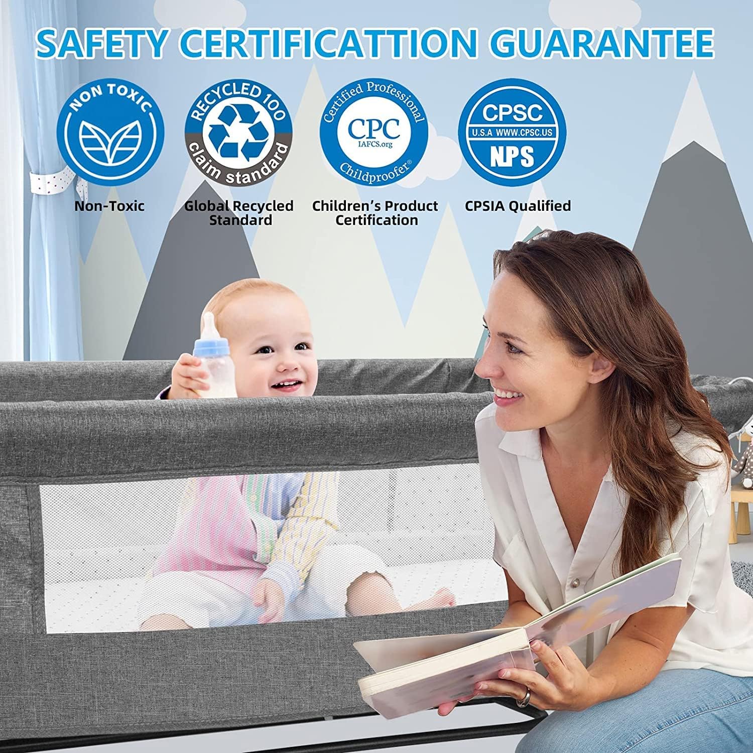 3 in 1 Travel Bedside Bassinet with Wheels, Height Adjustable, with Mosquito Nets G41335