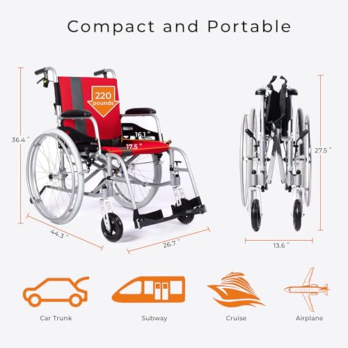 Red Lightweight Self Propelled Wheelchair with Travel Bag and Cushion B6146