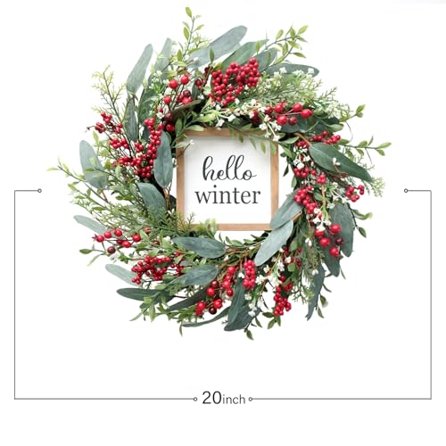 20’’ Red Berries Artificial Leaves Wreath with Hello Winter Sign J185788