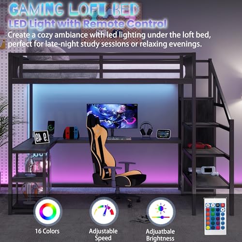 Queen Size Metal Loft Bed with L-Shaped Desk and Stairs, Black A878