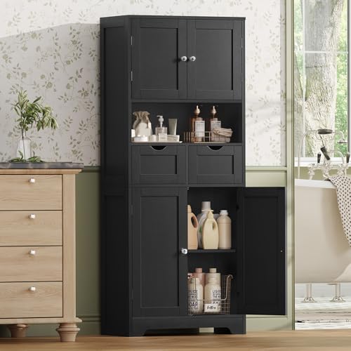 White Tall Bathroom Cabinet with 2 Drawers & 2 Adjustable Shelves & 4 Doors S489
