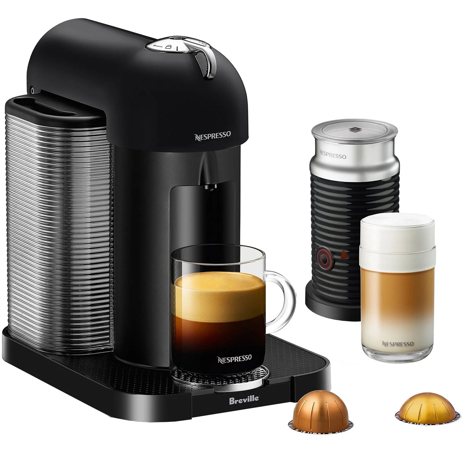 Chrome Single-Serve Coffee & Espresso Machine and Black Milk Frother G169028