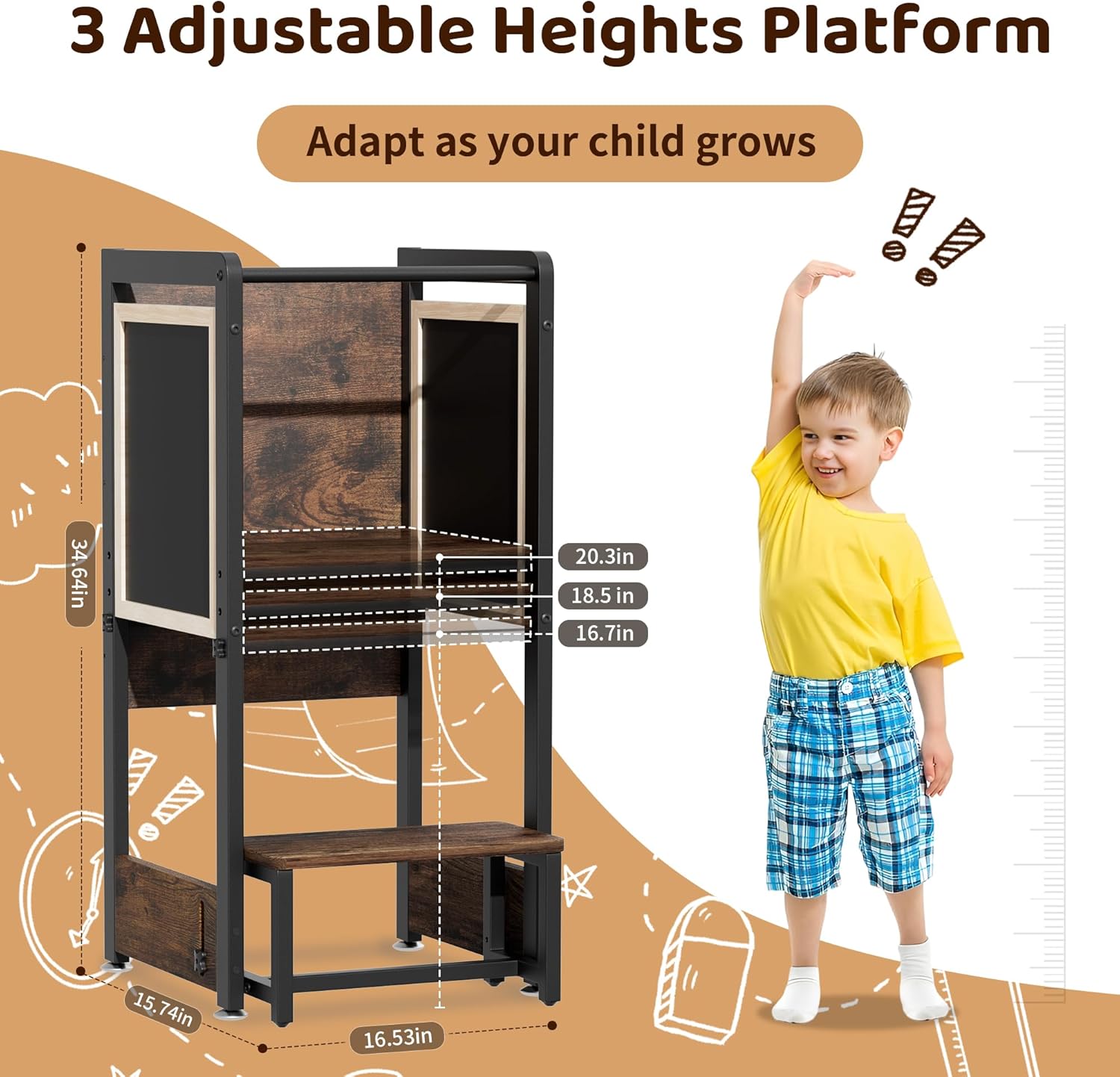 Toddler Kitchen Stool Helper Tower - 4 in 1 Learning Standing Tower, Steel-Wood Step Stool Adjustable Height R50440