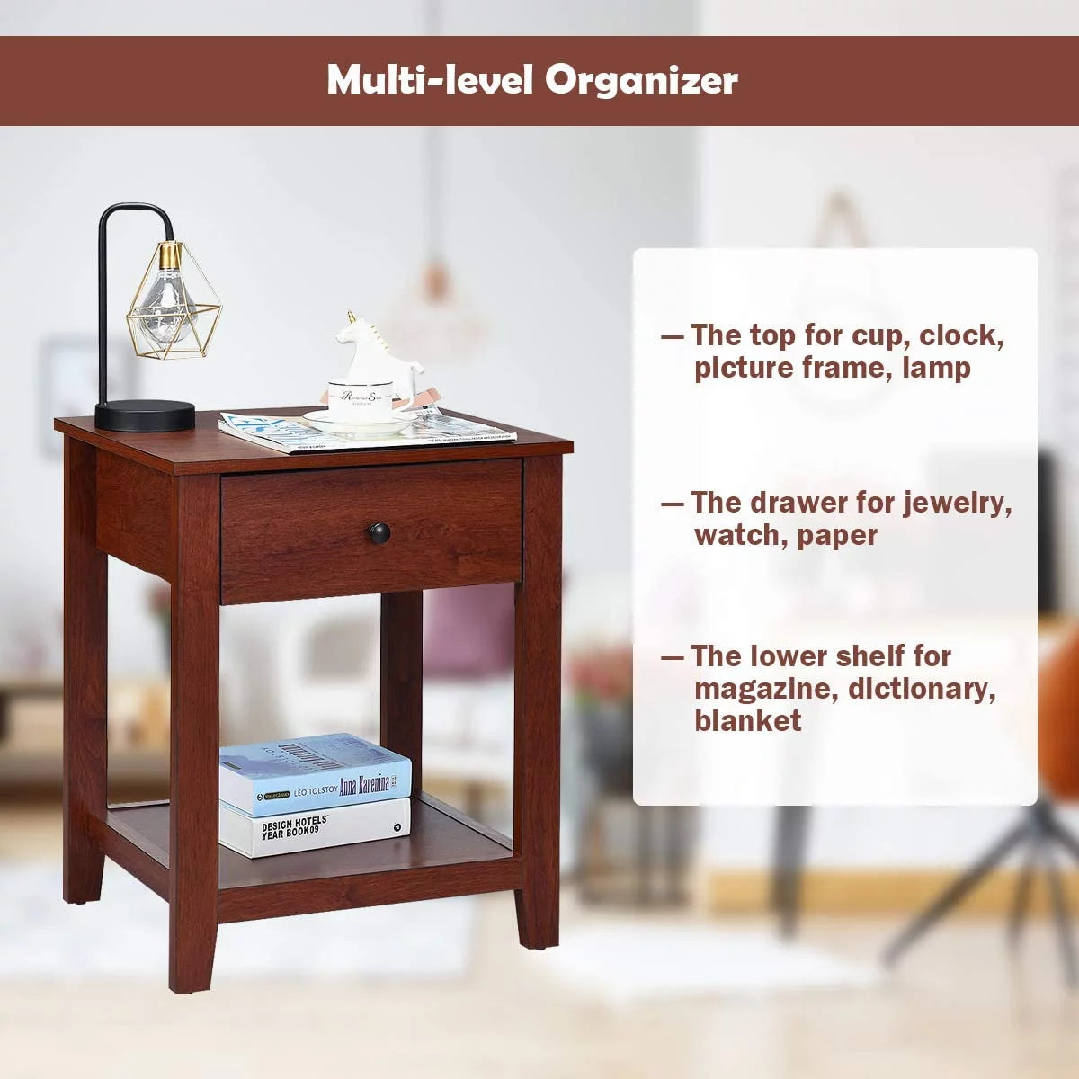 Walnut Wooden 2-Tier End Table With Drawer And Storage Shelf N253571