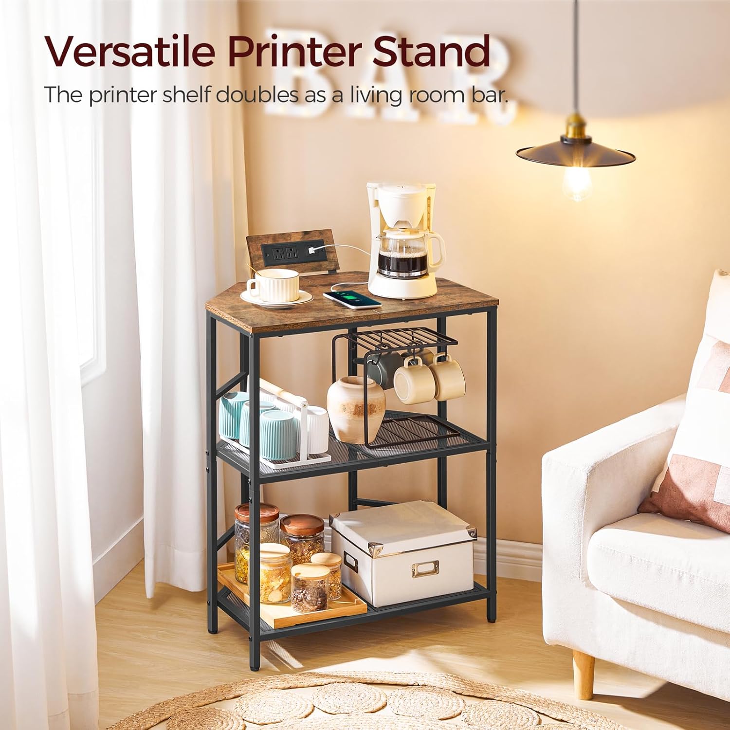 Rustic Brown 3-Tier Metal Frame Printer Stand with Storage Shelf P4234