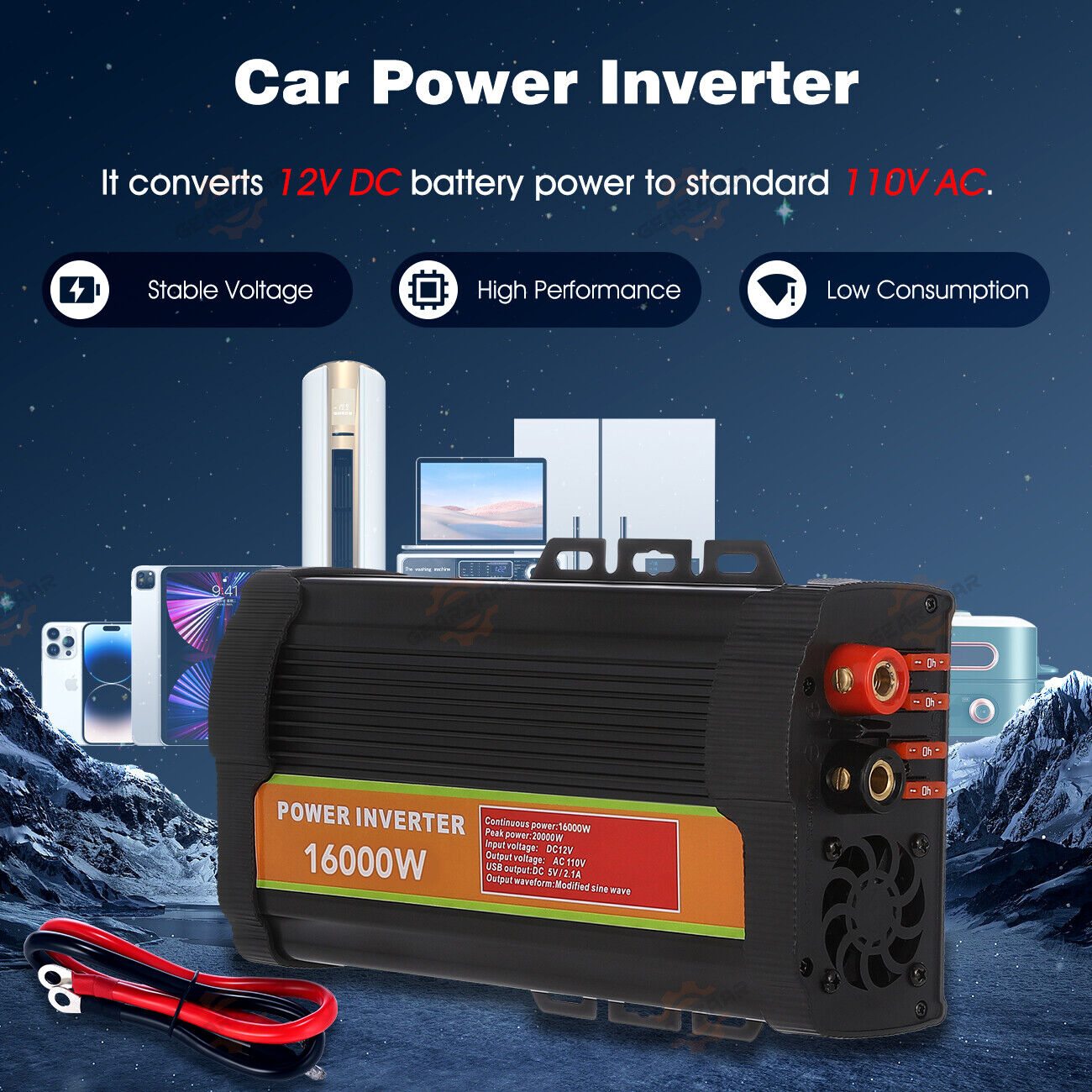 16000W Peak Pure Sine Wave Power Inverter DC 12V to AC 110/120V A37803
