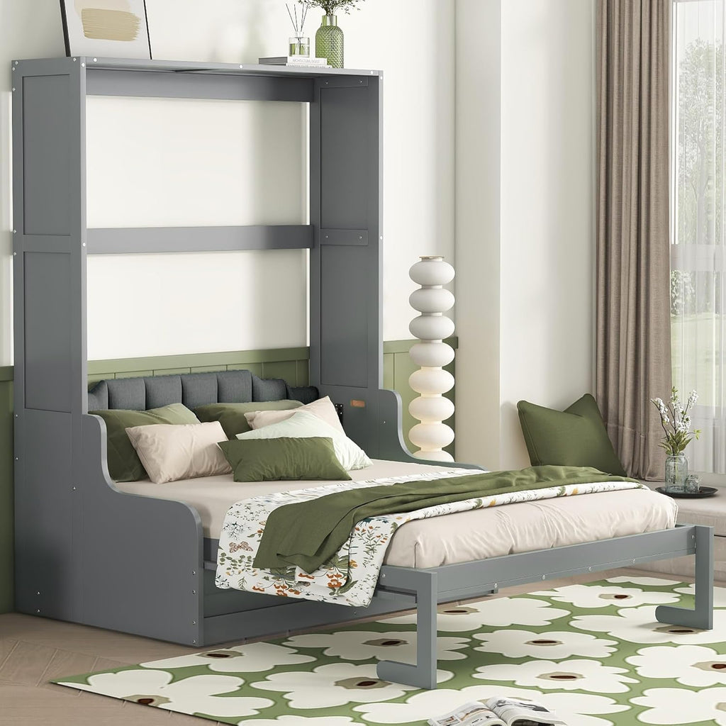 Queen Size Solid Wood Murphy Bed with Upholstered Headboard (Gray) Z2784