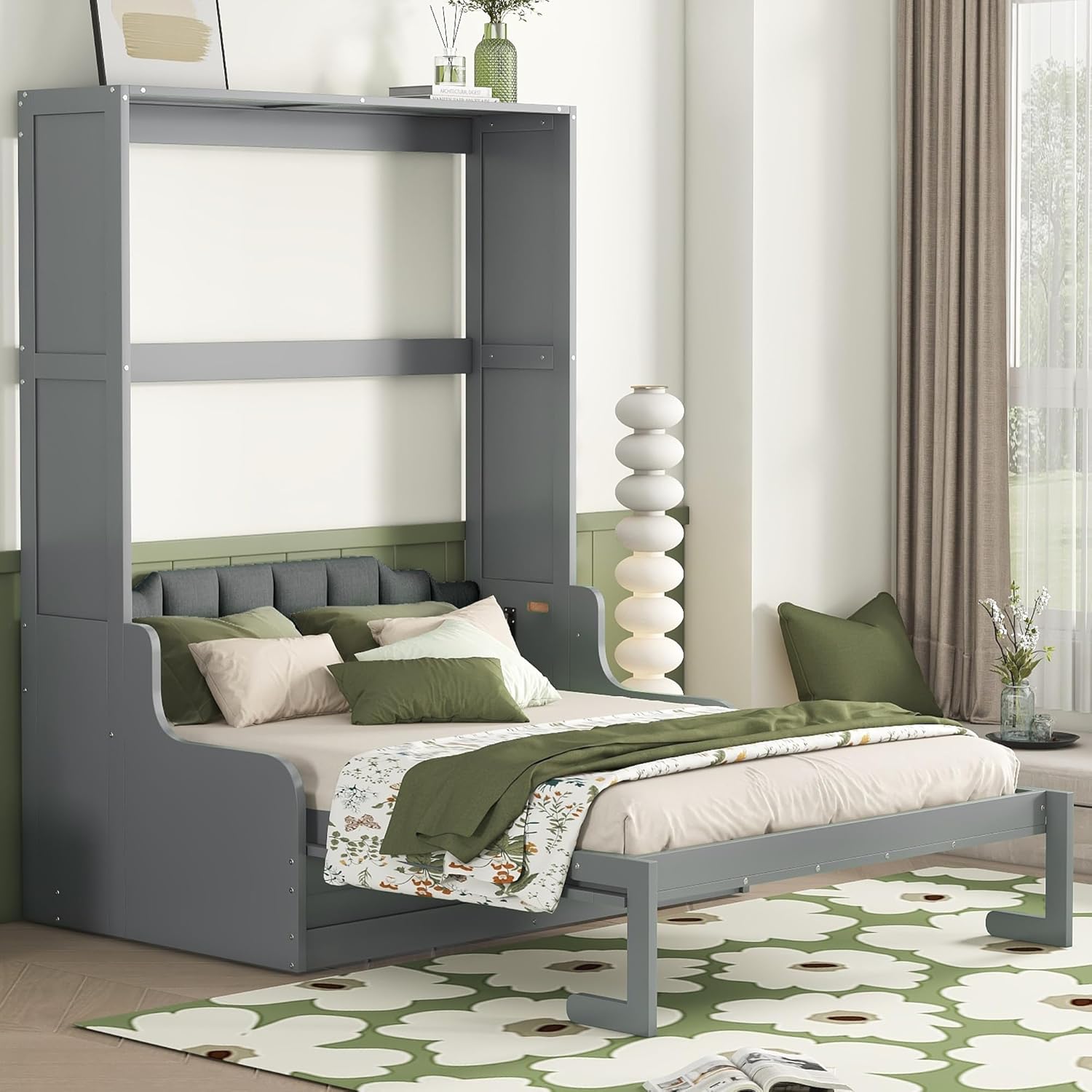 Queen Size Solid Wood Murphy Bed with Upholstered Headboard (Gray) Z2784