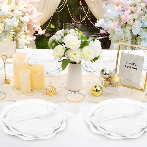 400 Pcs Ivory Paper Plates and Napkins Set Disposable Scalloped Plates Napkins Knives Forks Spoons Cups W24959