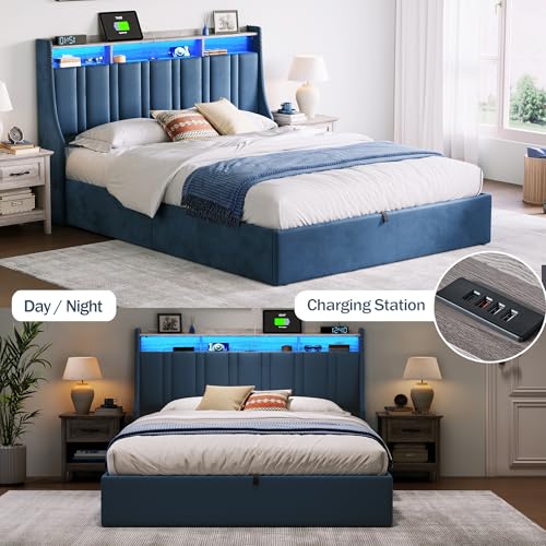 Dark Grey Queen Size Upholstered Storage Bed Frame with LED Lights S741263