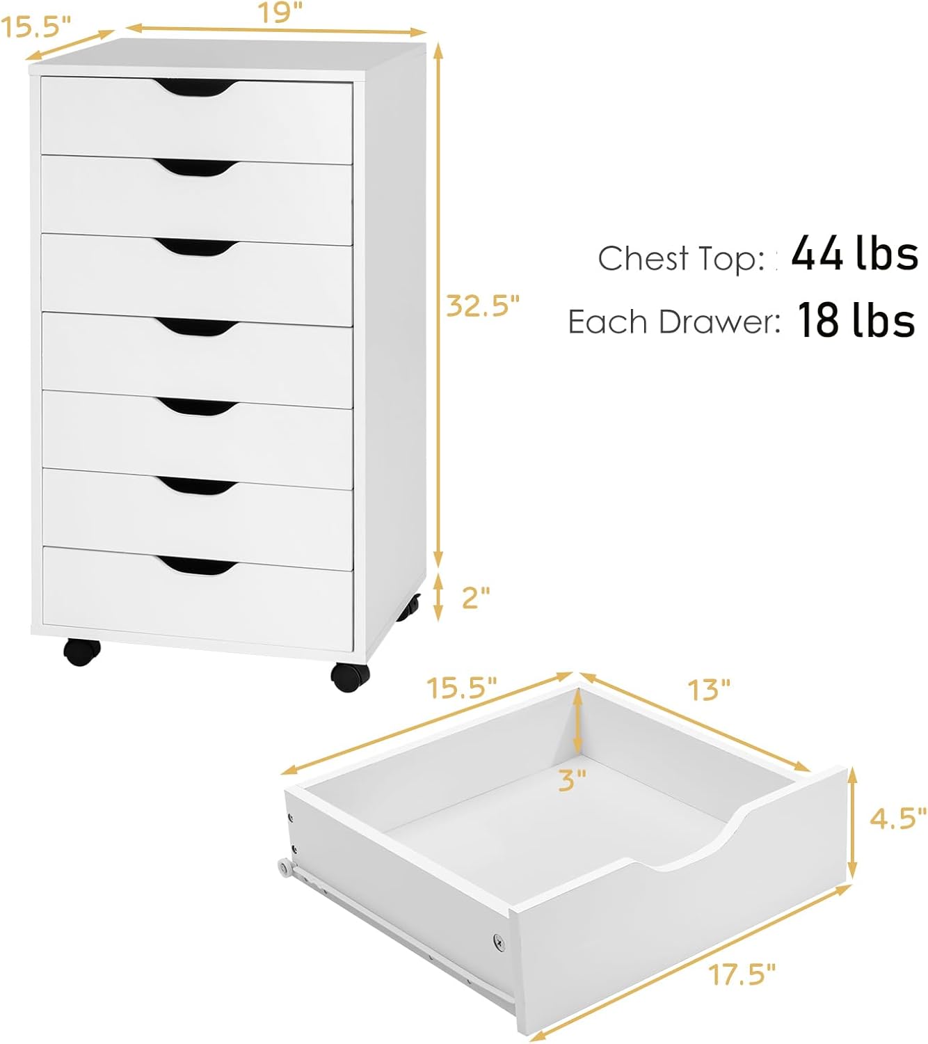 White 7 Drawer Mobile File Cabinet with Wheels Z86532