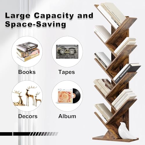 9 Tier Tree Bookshelf, Rustic Brown Wood Bookcase L43120