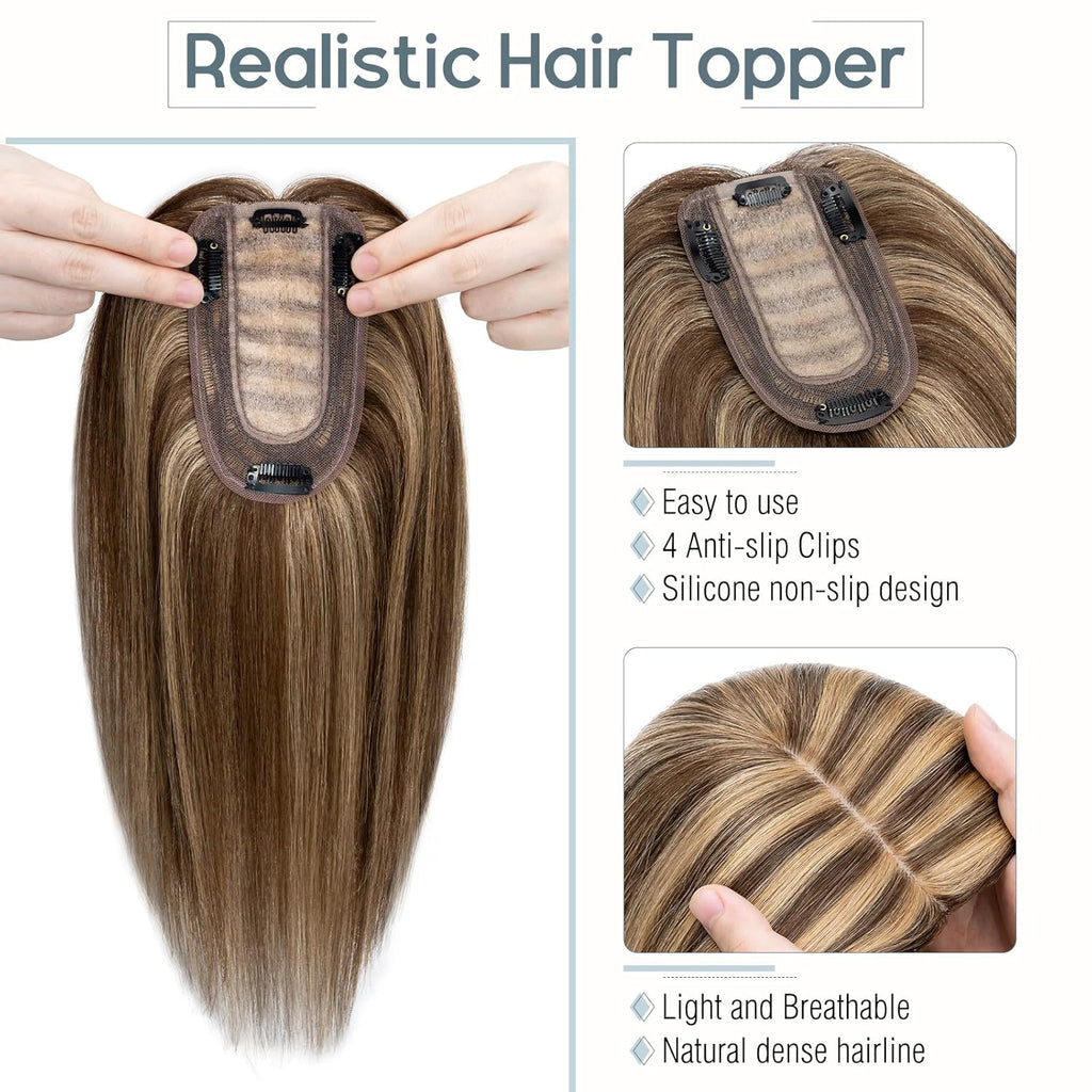 100% Real Human Hair Topper Silk Base Clip In Top Hairpieces 10 Inch 33g S97653