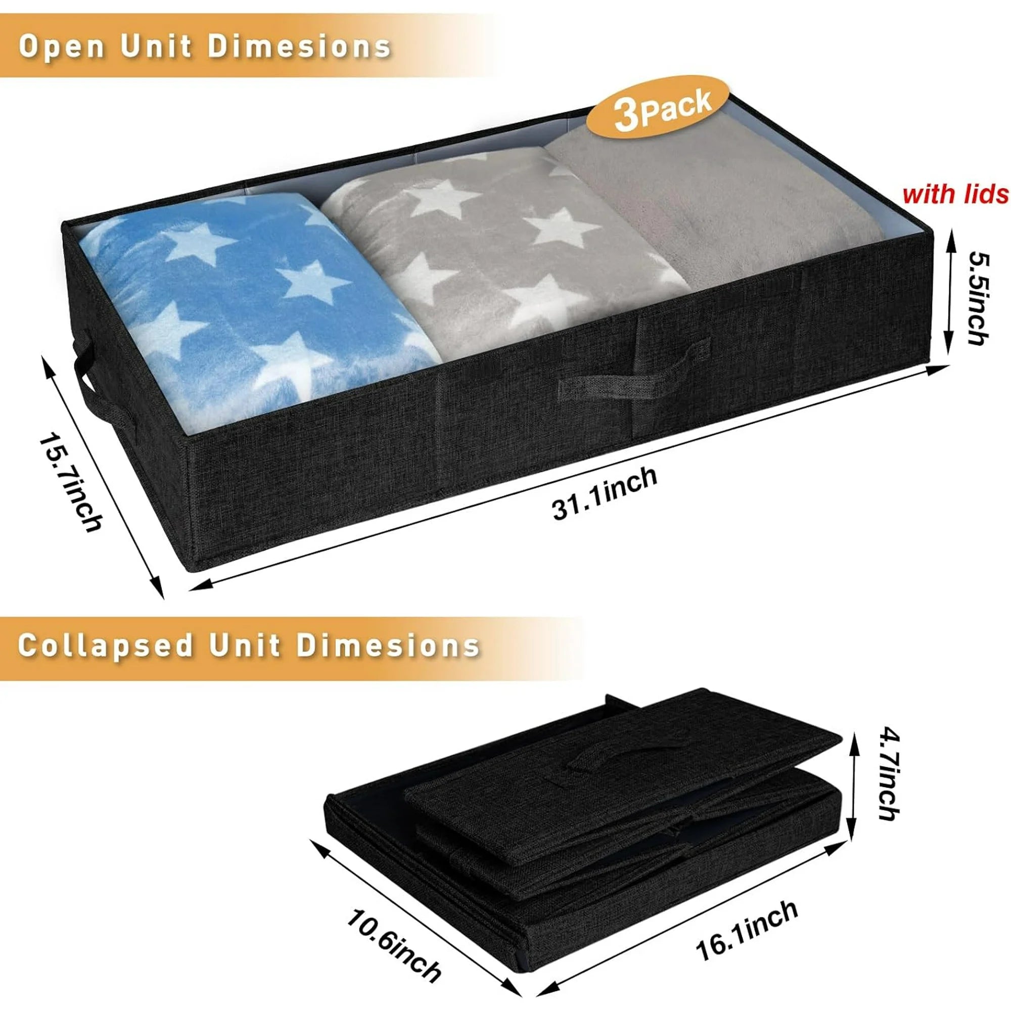 Black 3 Pack Underbed Storage Containers with Handles Q41409