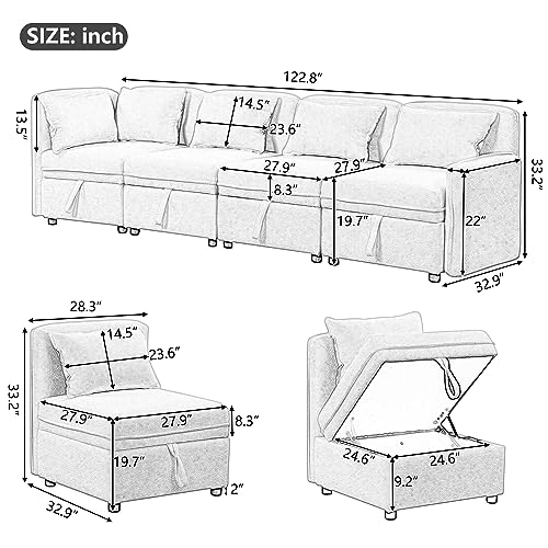 Cream Chenille Fabric Modular Sectional Sofa with Storage and 5 Pillows U2514
