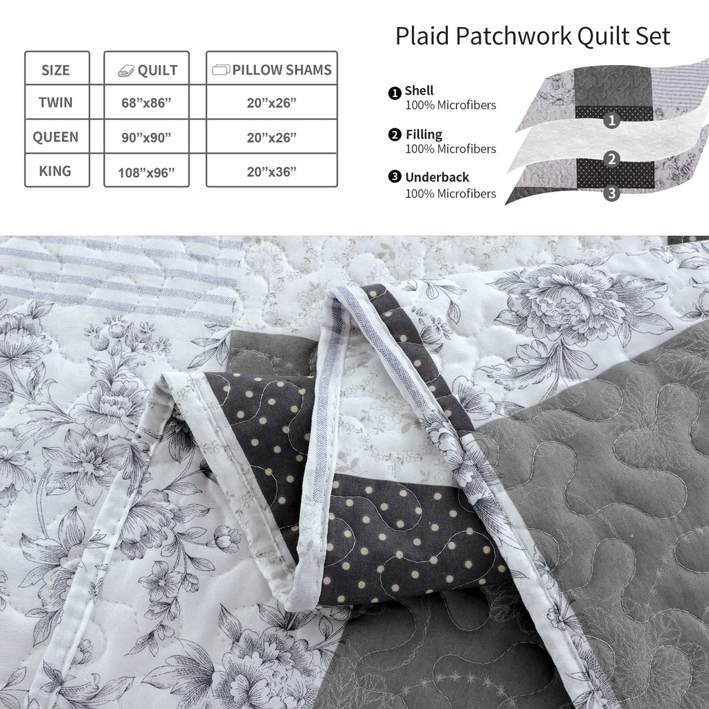 King Size Black White Grey Plaid Patchwork Quilt Microfiber Bedspread B5031