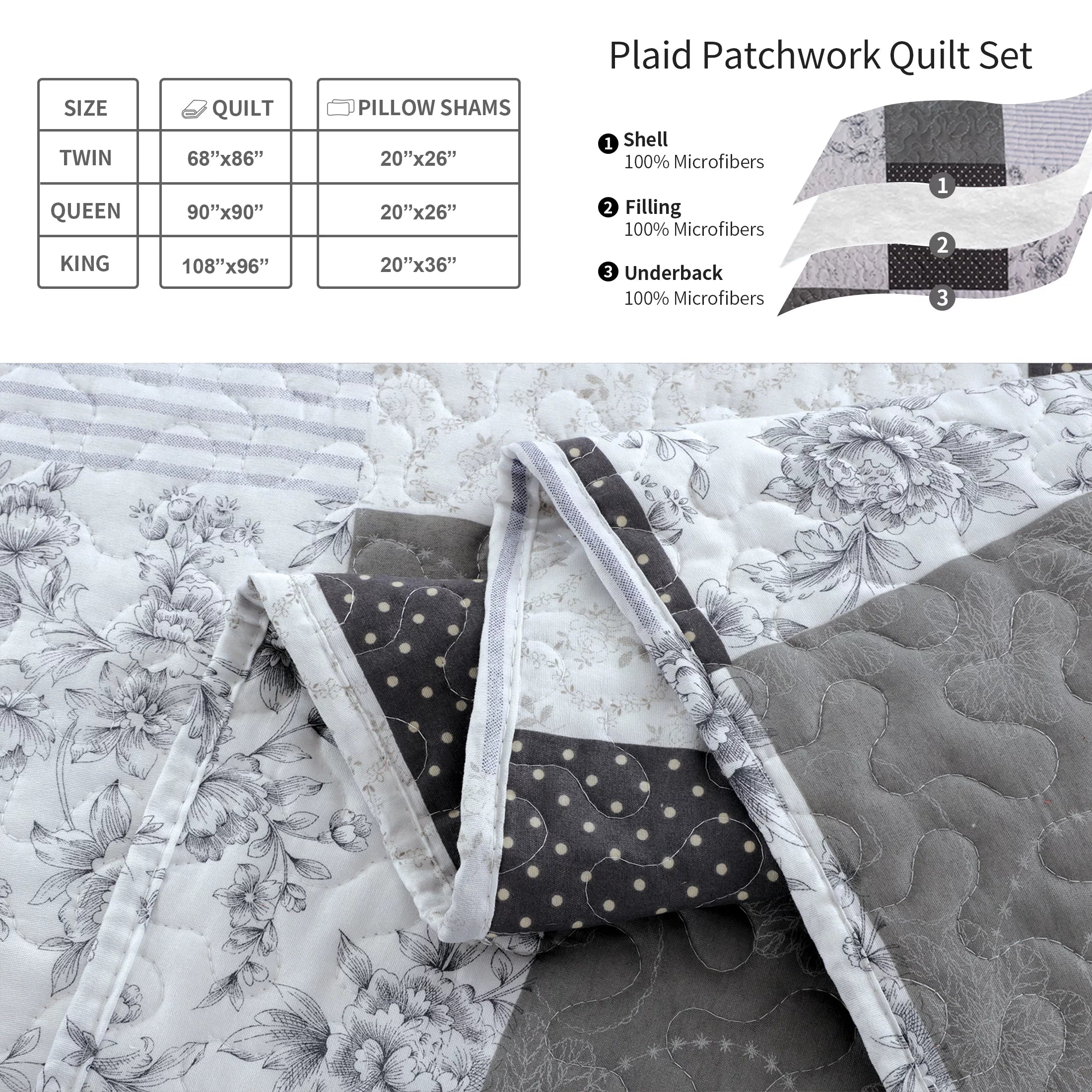 King Size Black White Grey Plaid Patchwork Quilt Microfiber Bedspread B5031