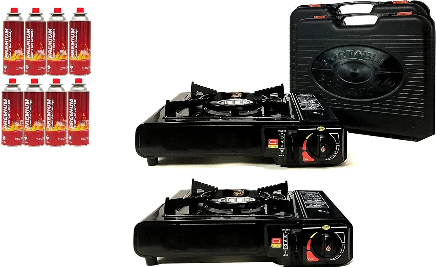 Set of 2 Portable Butane Gas Stoves with 8 pack Butane Canister and Carrying Case T547