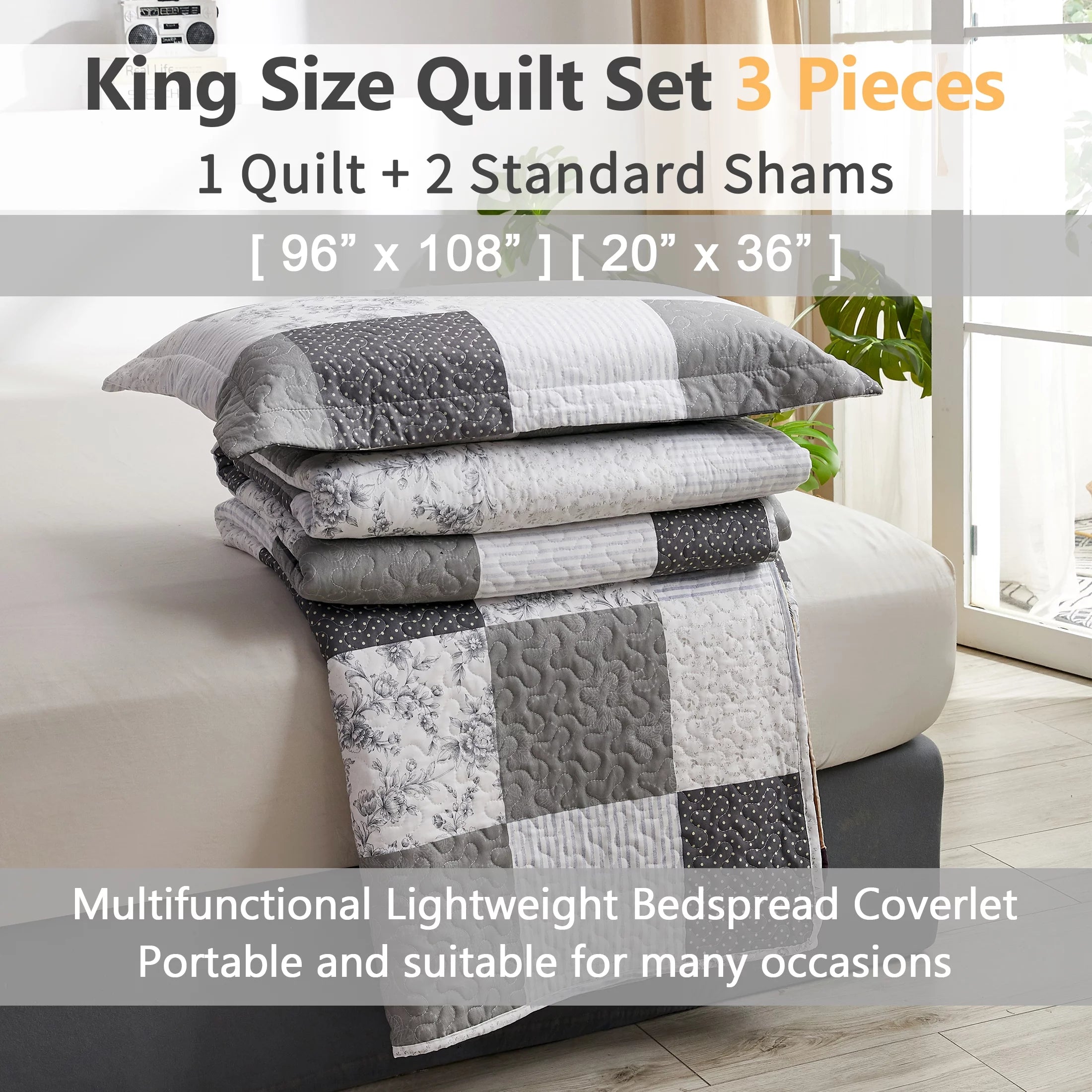 King Size Black White Grey Plaid Patchwork Quilt Microfiber Bedspread B5031
