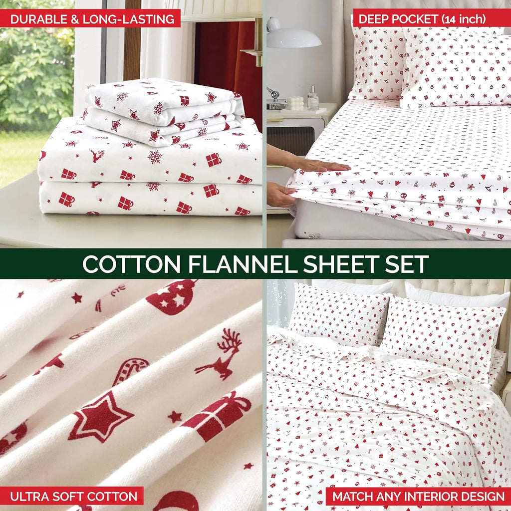 King Flannel Sheets - 4-Piece 100% Turkish Cotton, Red Stars, Deep Pocket Q766
