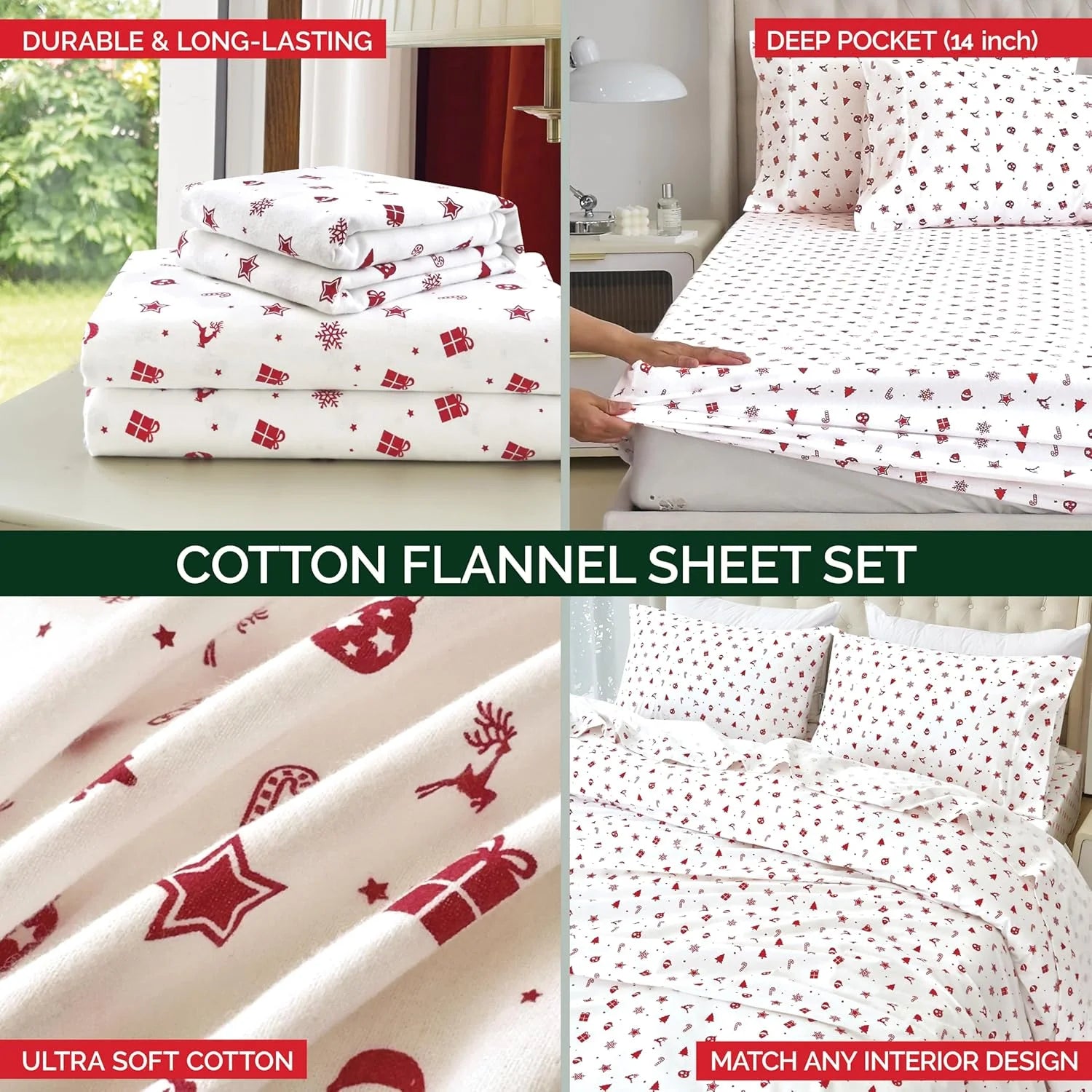 King Flannel Sheets - 4-Piece 100% Turkish Cotton, Red Stars, Deep Pocket Q766