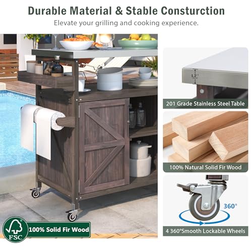Natural Solid Wood Outdoor Kitchen Island with Stainless Steel Top S30226