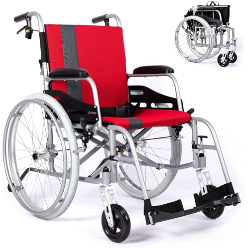 Red Lightweight Self Propelled Wheelchair with Travel Bag and Cushion B6146