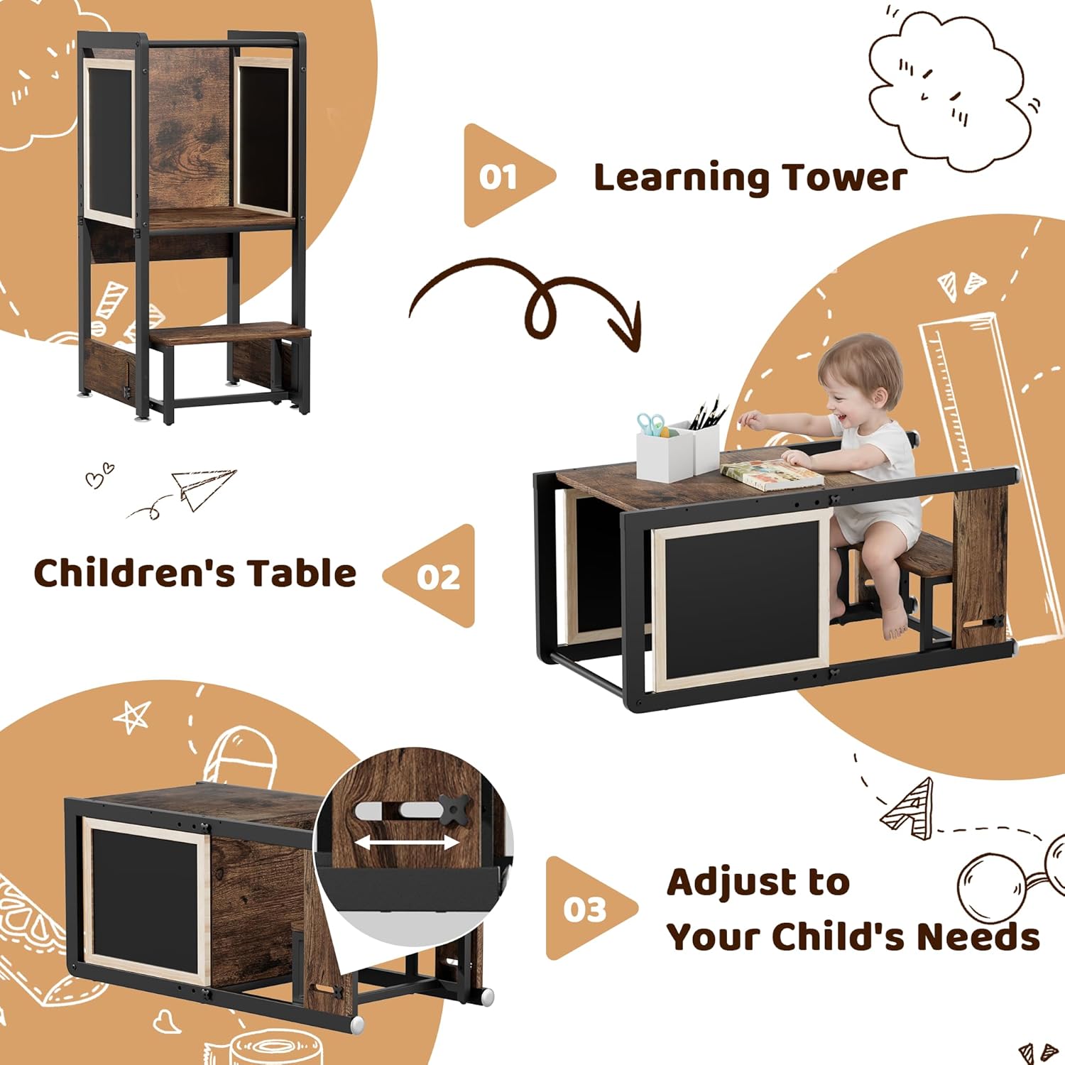 Toddler Kitchen Stool Helper Tower - 4 in 1 Learning Standing Tower, Steel-Wood Step Stool Adjustable Height R50440