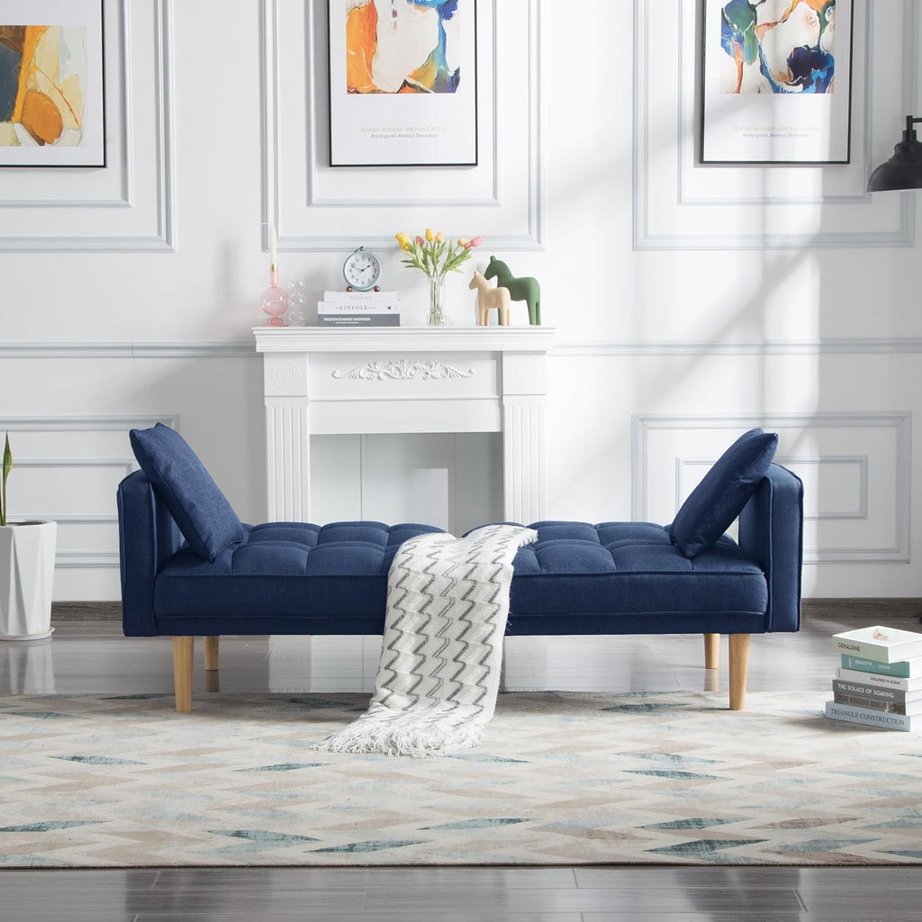 Navy Blue Tufted Fabric Futon Sofa Bed with Wooden Legs and 2 Square Pillows L9040