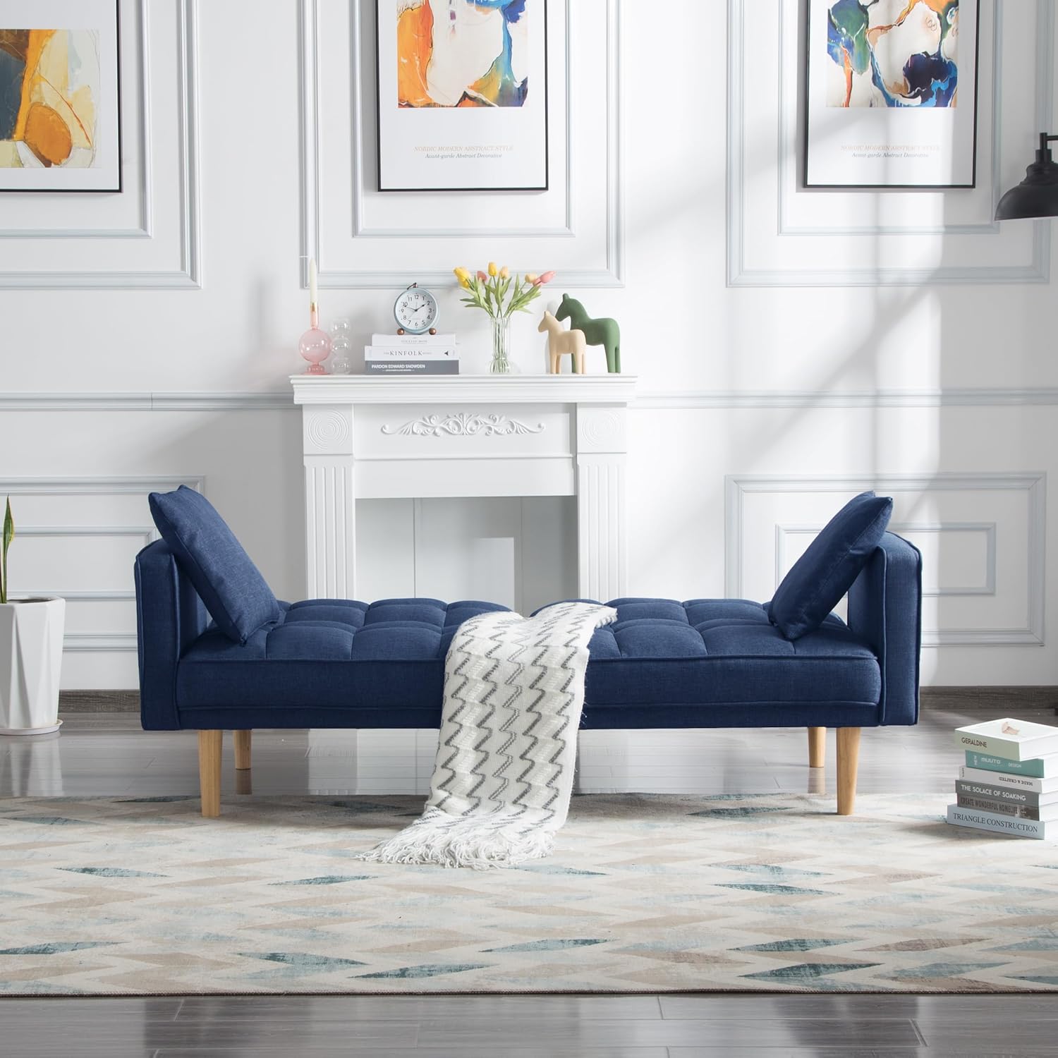 Navy Blue Tufted Fabric Futon Sofa Bed with Wooden Legs and 2 Square Pillows L9040